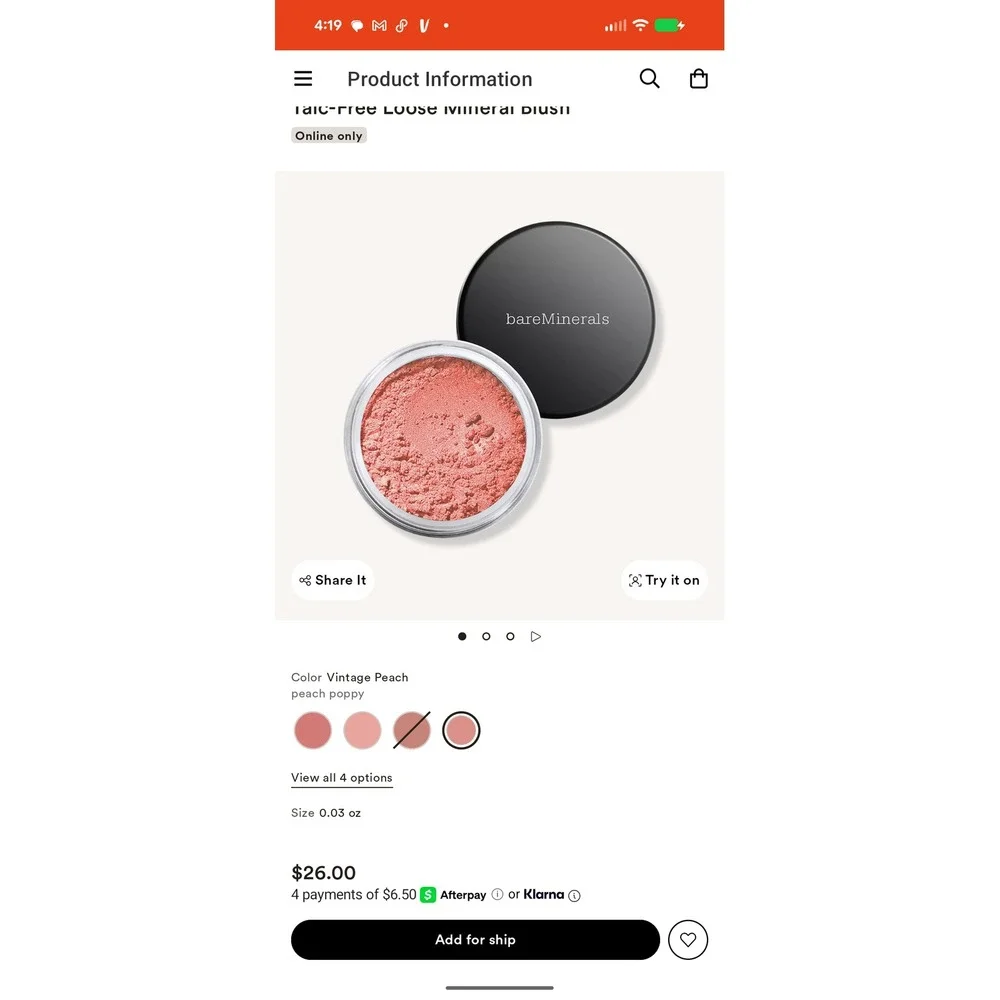 NEW bareMinerals Loose Mineral Blush shade Rogue 0.03oz Talc-Free Powder